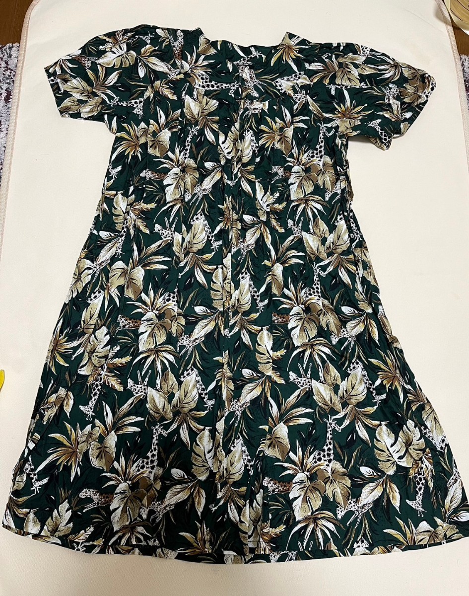 カジュアル 綿 可愛い花柄 体型カバー 半袖 ロングワンピース グリーンM日本製 オーバーサイズ 緑拍卖