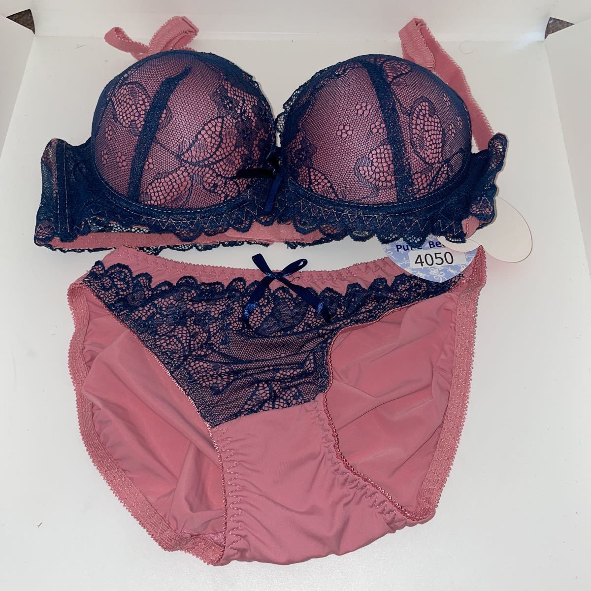 4050★pure beauty★ブラジャー&ショーツセット★C75★ローズピンクネイビー★リボン、レース★未使用拍卖