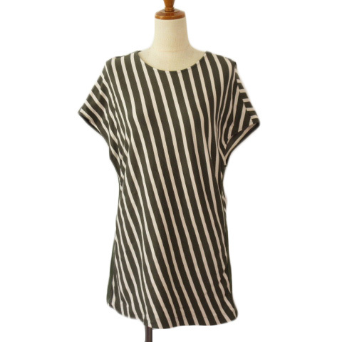 コムサ COMME CA カットソー プルオーバー ストライプ フレンチスリーブ 9 カーキ レディース拍卖