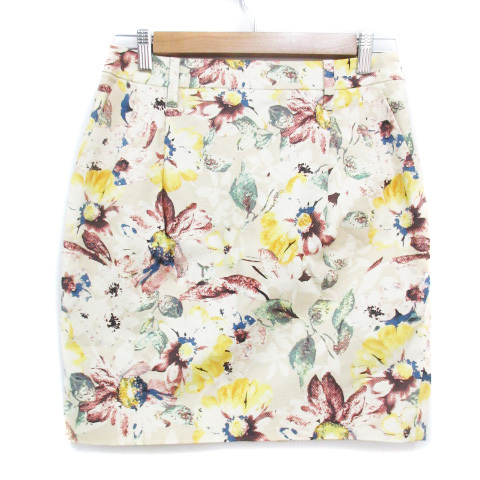 アダムエロペ Adam et Rope' タイトスカート ひざ丈 花柄 マルチカラー スリット 36 ベージュ 赤 レッド /FF34 レディース拍卖
