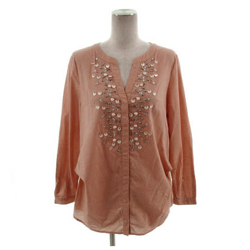 ビアッジョブルー Viaggio Blu シャツ ブラウス キーネック 長袖 ビーズ ビジュー ピンクベージュ 1 レディース拍卖