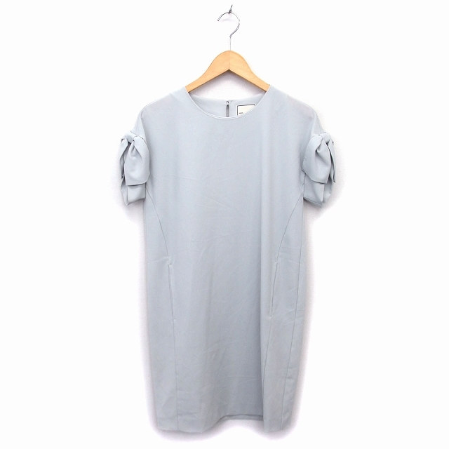 ティアラ Tiara ワンピース Iライン ひざ丈 ひざ下 透け感 リボン 無地 半袖 2 ライトグレー /NT31 レディース拍卖