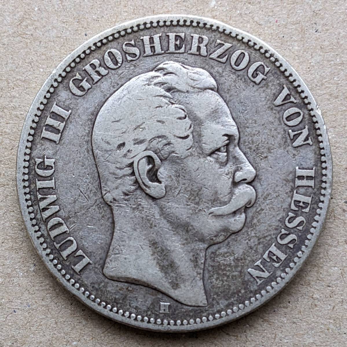 1876年 ドイツ ヘッセン ダルムシュタット 5マルク 銀貨 VF ダルムシュタットミント拍卖