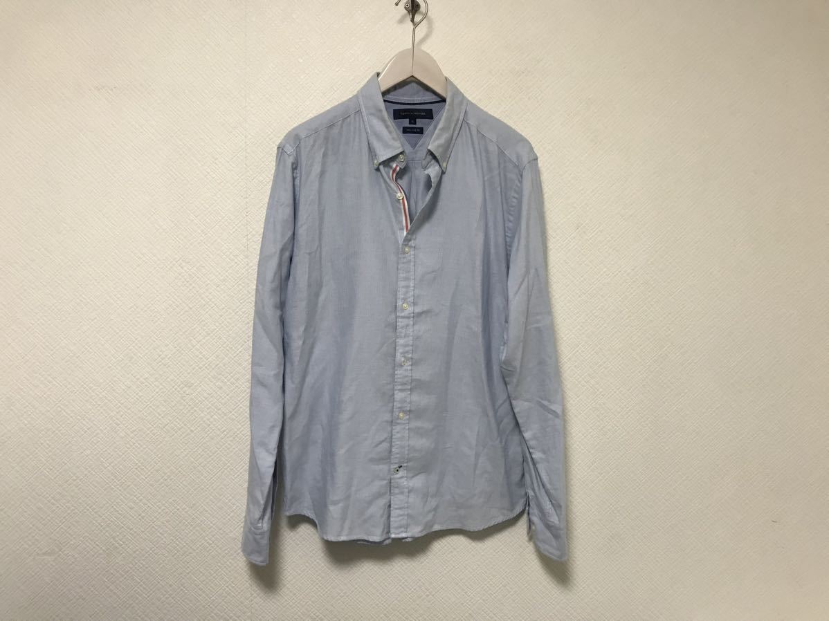 本物トミーヒルフィガーTOMMY HILFIGERコットンワーク長袖シャツサーフアメカジビジネススーツメンズXLブルー青拍卖
