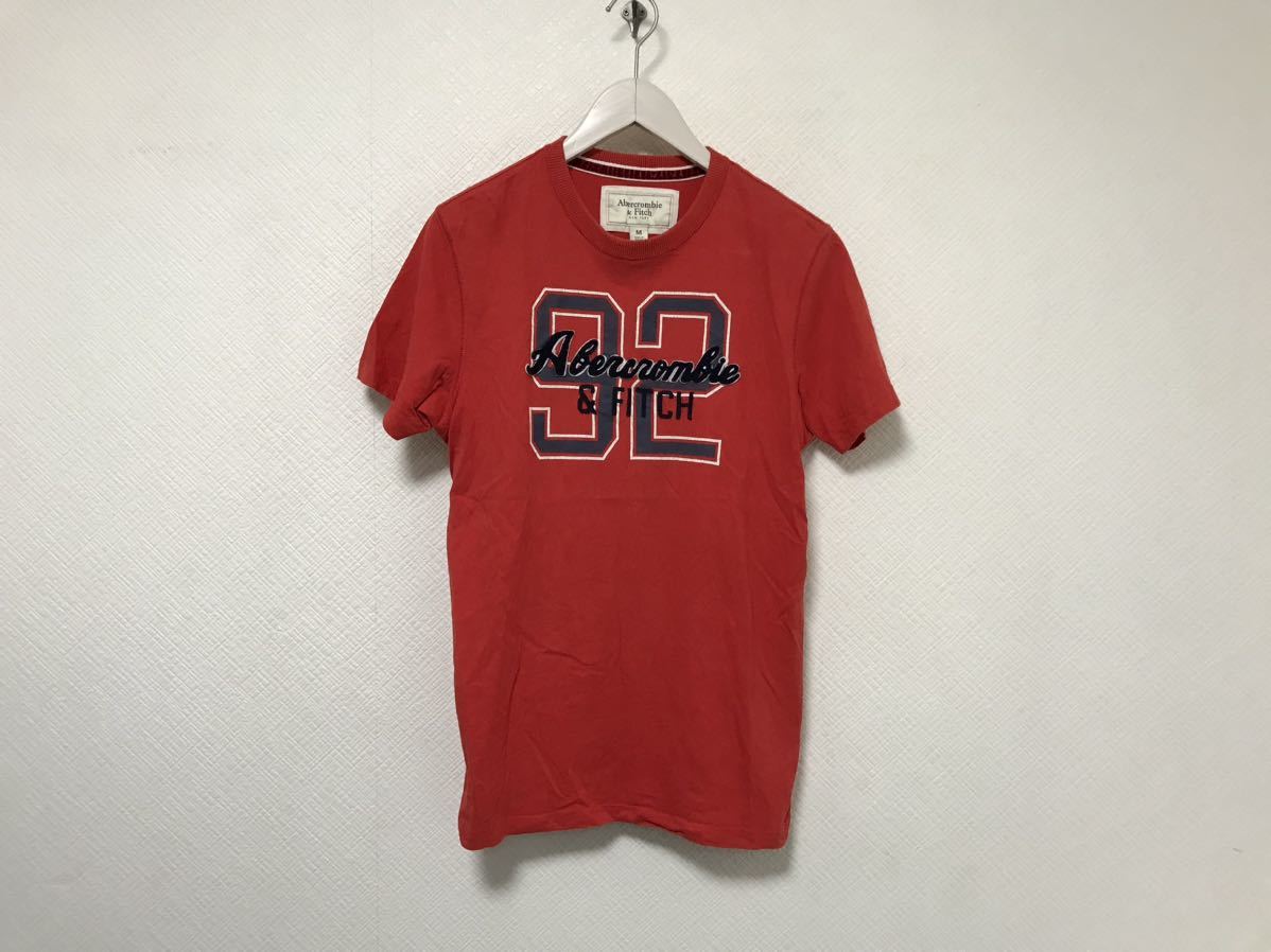 本物アバクロアンドフィッチAbercrombie&Fitchコットンロゴカレッジプリント半袖Tシャツメンズアメカジサーフミリタリー赤レッドマカオ製M拍卖