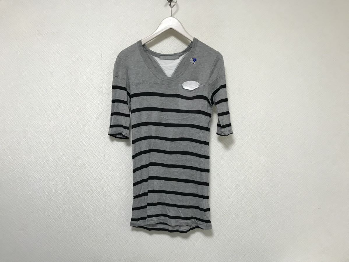 本物フランシストモークスFranCisT_MOR.K.S..レーヨンニットボーダー柄半袖Tシャツメンズアメカジサーフミリタリービジネス日本製グレー2M拍卖