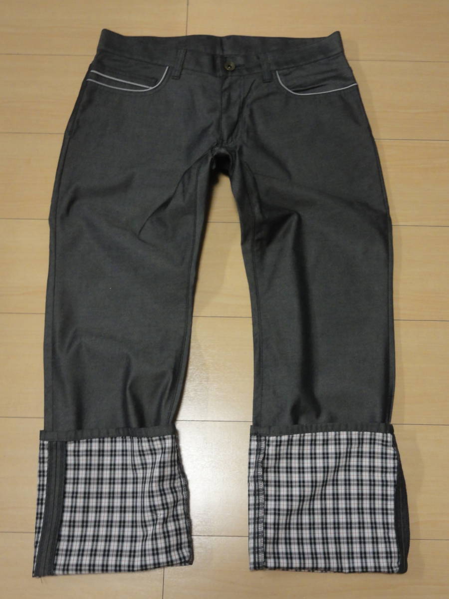 格安日本製レア・BOYCOTT(ボイコット・ワールド取扱い)・濃グレー系微光沢地・お洒落な裾部折返しツーウェイ高級デザインパンツ 3 W82cm位拍卖