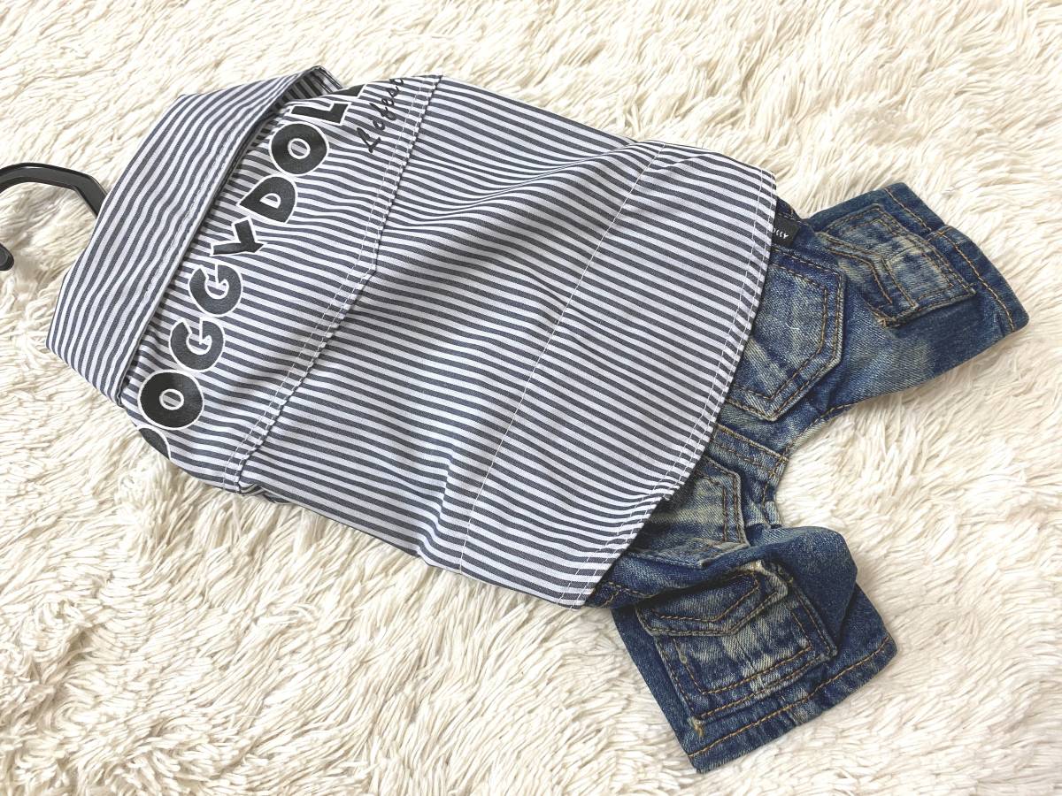 犬の服Mサイズ:DOGGYDOLLY By Narisara◆トイプードル*ヨークシャー*マルチーズ*ポメラニアン ストライプシャツデニムパンツワンピース拍卖
