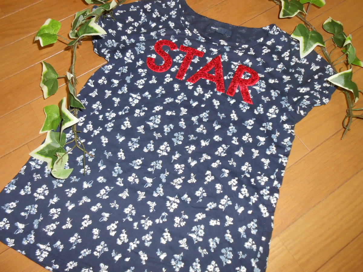 ☆GAP/ギャップ☆Tシャツ/小花柄/半袖Tシャツ/紺色/スパンコール/ロゴ☆XXL150-160☆拍卖