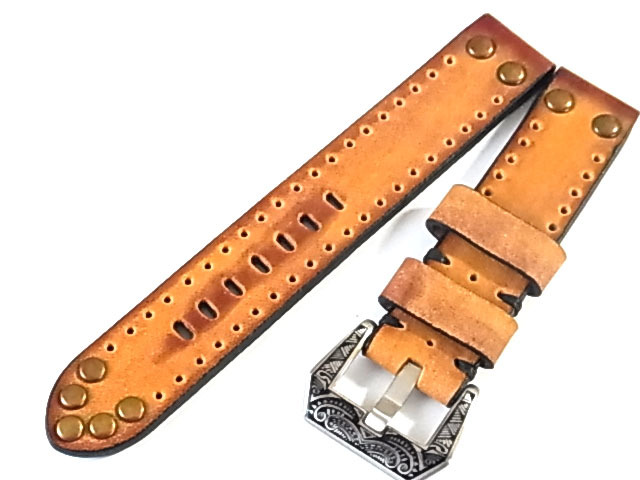 ビンテージ加工 彫刻バックル 真鍮鋲打 茶系 20mm 37BLASS39拍卖