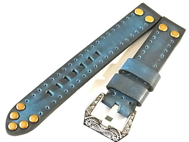 ビンテージ加工 彫刻バックル 真鍮鋲打 青系 18mm 37BLASS39拍卖