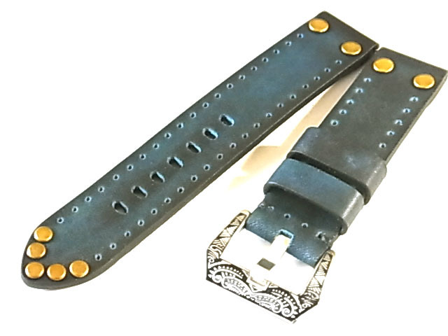 ビンテージ加工 彫刻バックル 真鍮鋲打 青系 22mm 37BLASS39拍卖