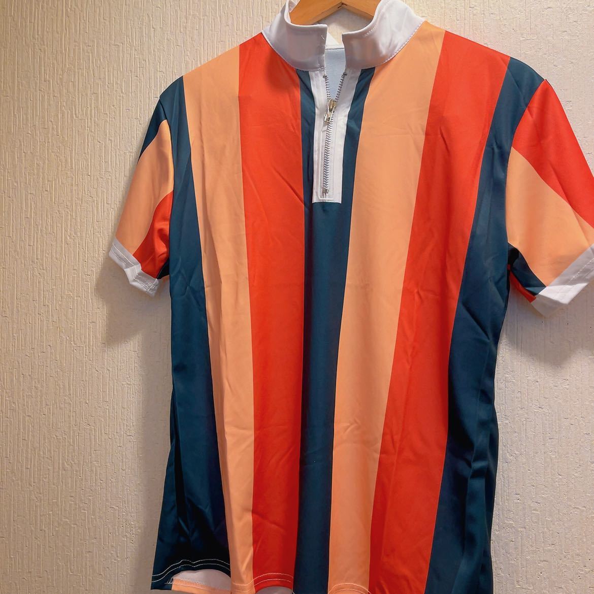 新品★オレンジ&ネイビー&イエローストライブポロシャツ★ゴルフウエア★L拍卖