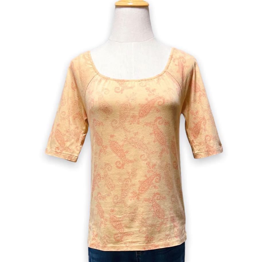 T174★良品★INED イネド ペイズリー柄 ギャザー 五分袖 クロップド カットソー 品質タグ無し オレンジ Sサイズ 大人可愛い 上品拍卖