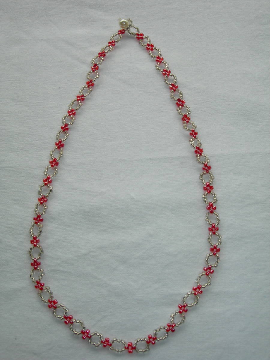 ビーズ ネックレス(シルバー・赤) ハンドメイド 新品拍卖