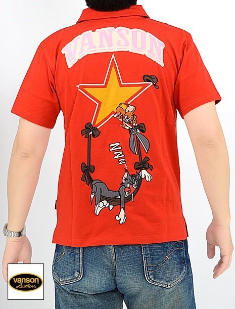 vanson×TOM&JERRYコラボ 天竺半袖ポロシャツ◆vanson レッドXXLサイズ TJV-2316 バンソン ヴァンソン トムとジェリー 刺繍拍卖