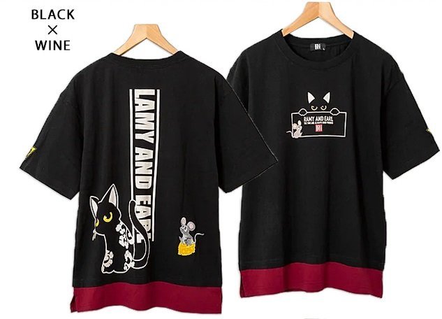 ラミ&アール ロゴレイヤードTシャツ◆LIN ブラック×ワインXLサイズ AL-75070 黒猫 ネコ ねこ 鼠 ネズミ 和柄拍卖
