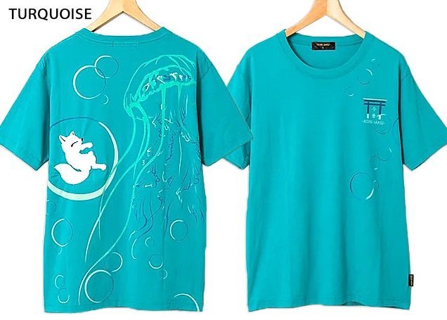クラゲTシャツ◆今昔 ターコイズLサイズ KJ-26013 和柄 和風 狐 きつね キツネ 刺繍 ユニセックス拍卖