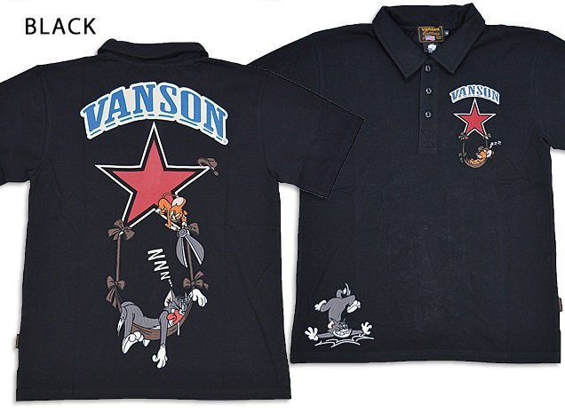 vanson×TOM&JERRYコラボ 天竺半袖ポロシャツ◆vanson ブラックXLサイズ TJV-2316 バンソン ヴァンソン トムとジェリー 刺繍拍卖