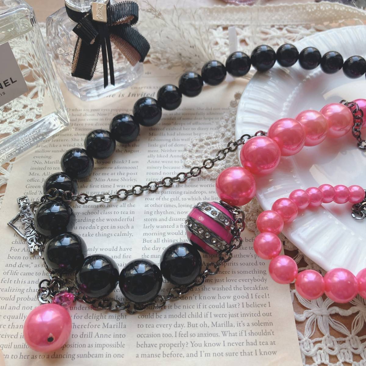 ロングネックレス ブラック ピンク チェーン ギャル系 大玉 かわいい☆vintage jewelry accessories 0988拍卖