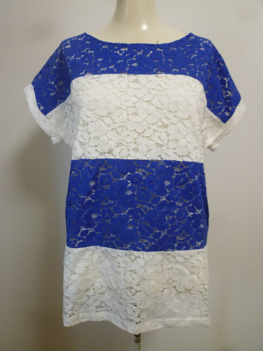 【新品】HERE'S/ヒアーズ♪青×白かぎ編み総レースカットソーS/マリン系ブルーホワイト半袖イトキン♪328拍卖