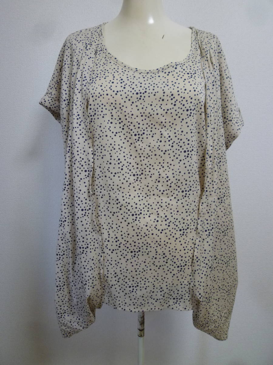 gaminerie/ギャミヌリィ♪淡ベージュ青紺ドット柄変形ブラウスカットソーM/半袖ジュン♪328拍卖