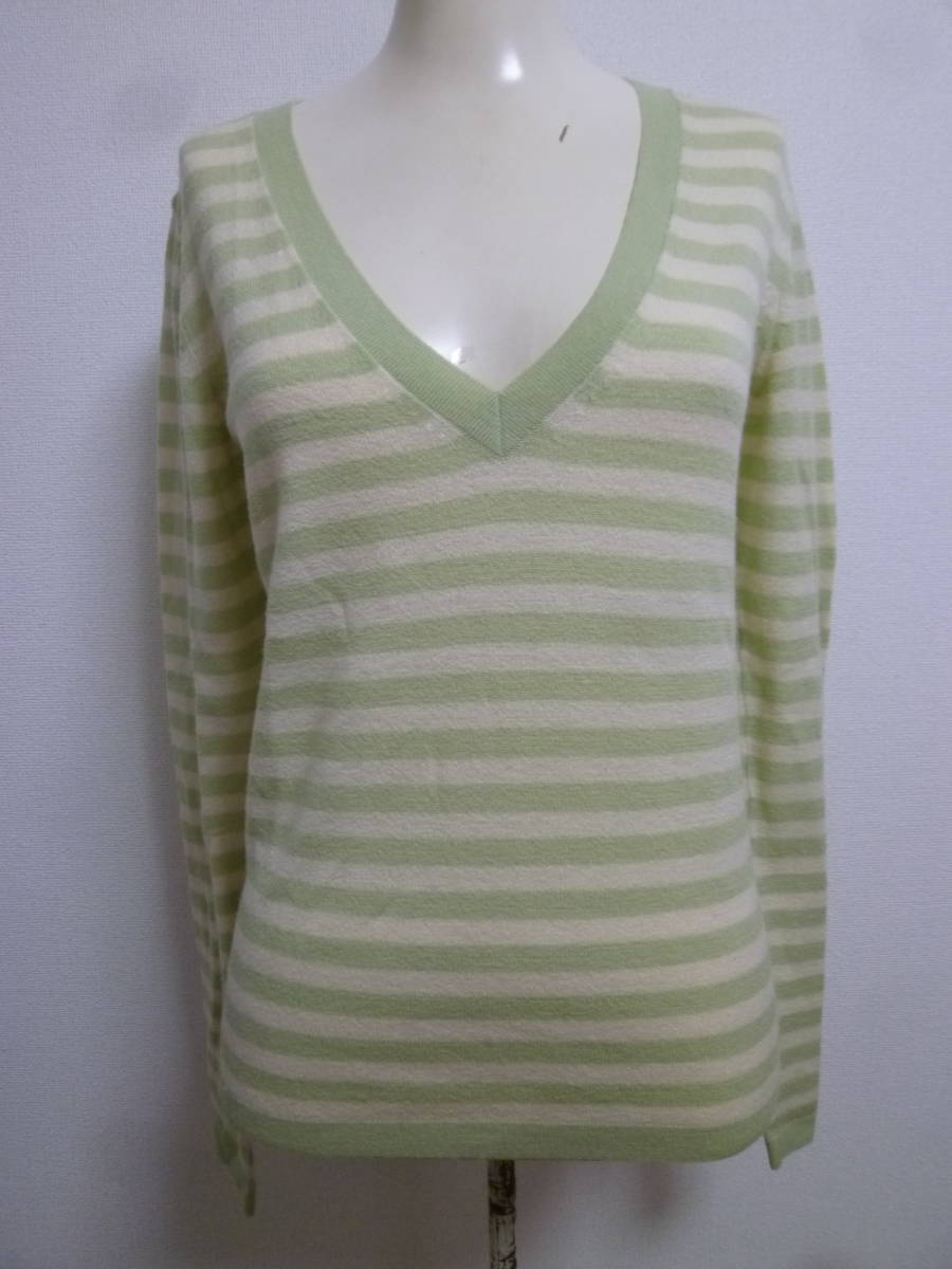theory/セオリー♪淡グリーン×アイボリーボーダーVネックニット2/長袖♪328拍卖