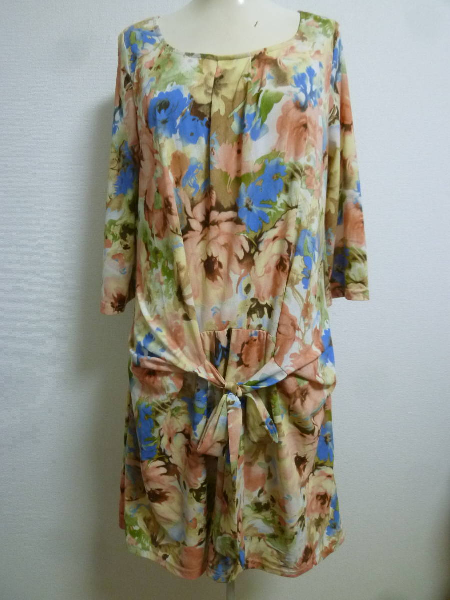 Bou jeloud/ブージュルード♪淡カラー花柄ウエストリボンワンピースFREE/膝丈♪324拍卖