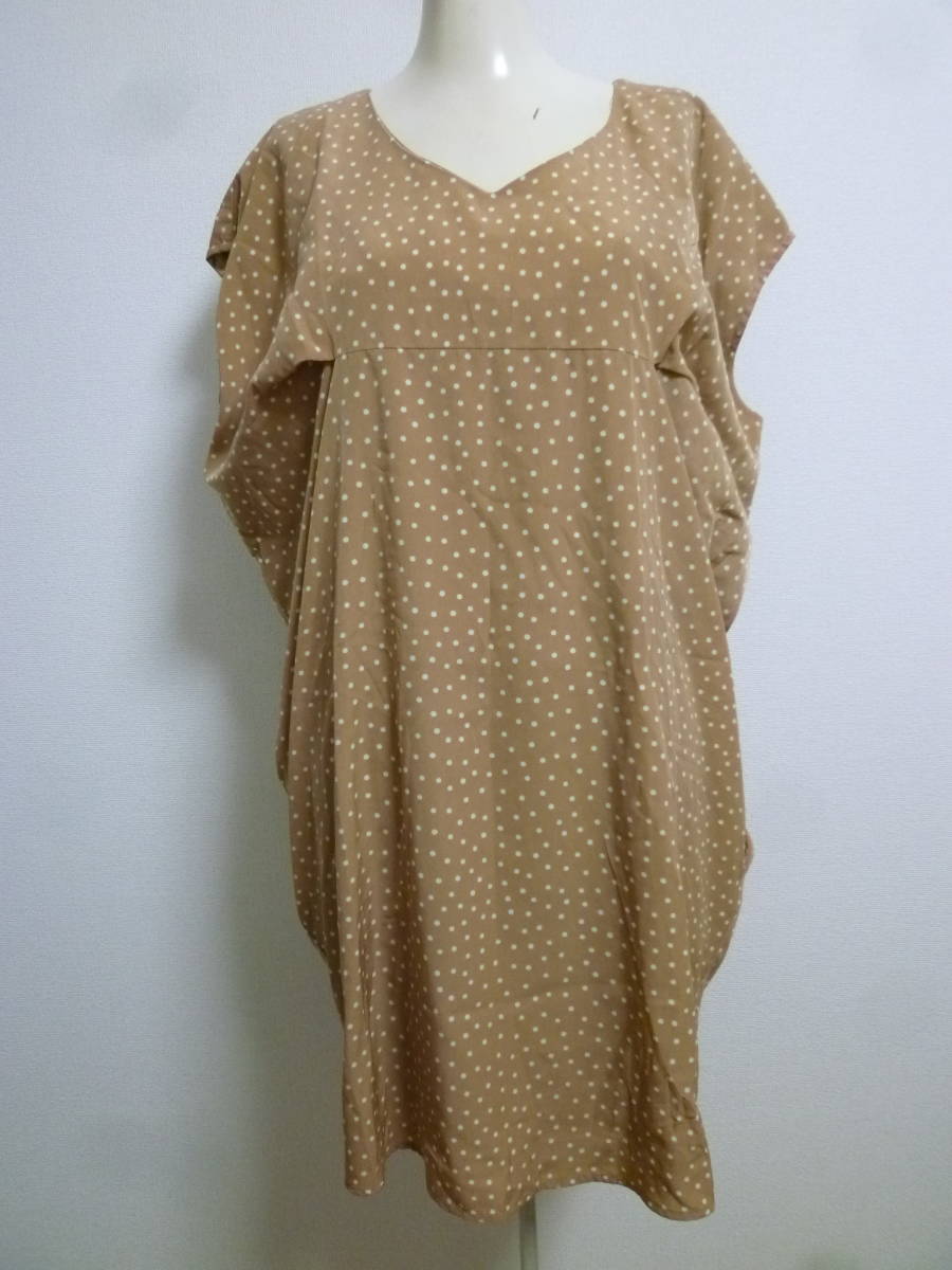 INDEX/インデックス♪ベージュ×白ドット柄ゆったりチュニックワンピースM/ワールド膝丈半袖水玉♪324拍卖