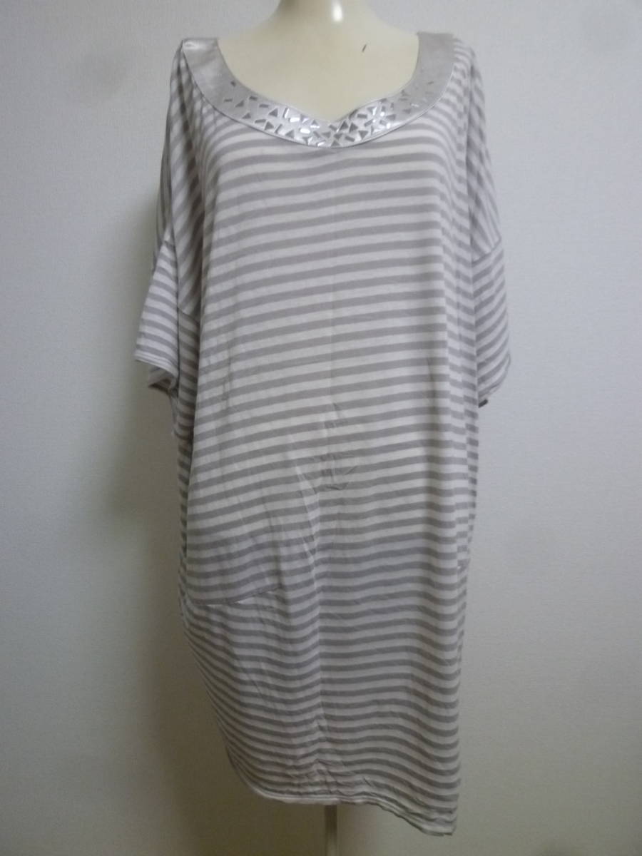 alcali/アルカリ♪淡グレー×白ボーダースタッズ付きゆったりカットソーTシャツワンピース/メルローズミニ半袖♪324拍卖