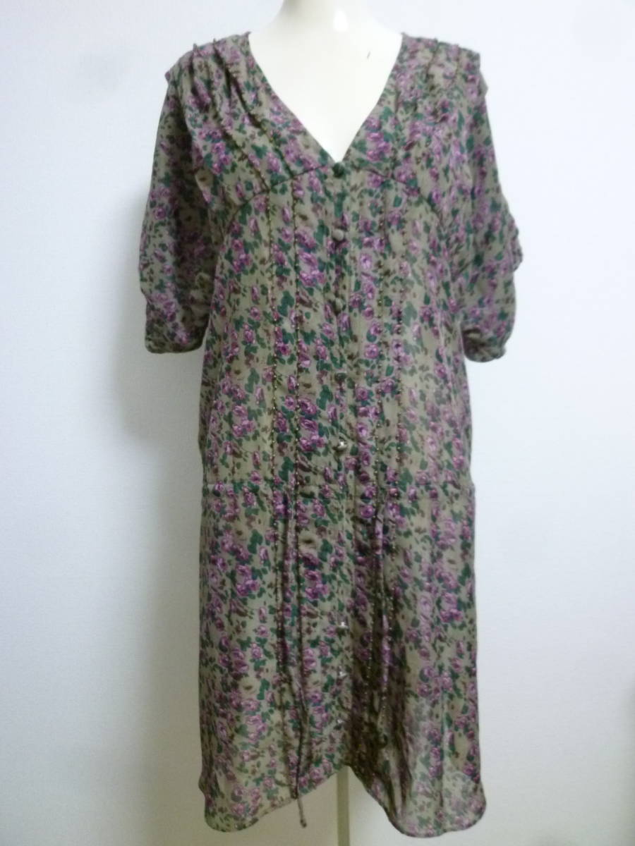 FREE'S PHRASE♪茶系小花柄前開きシャツブラウスワンピースM/ドルマンバラ薔薇ブラウン系フリーズショップ膝丈半袖♪324拍卖