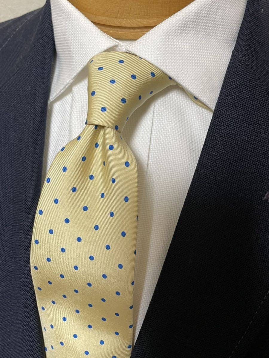 【美品】KENT & CURWEN 高級シルクネクタイ 大剣約8.5cm クリームイエロー×ブルー ドット柄ネクタイ プリント拍卖