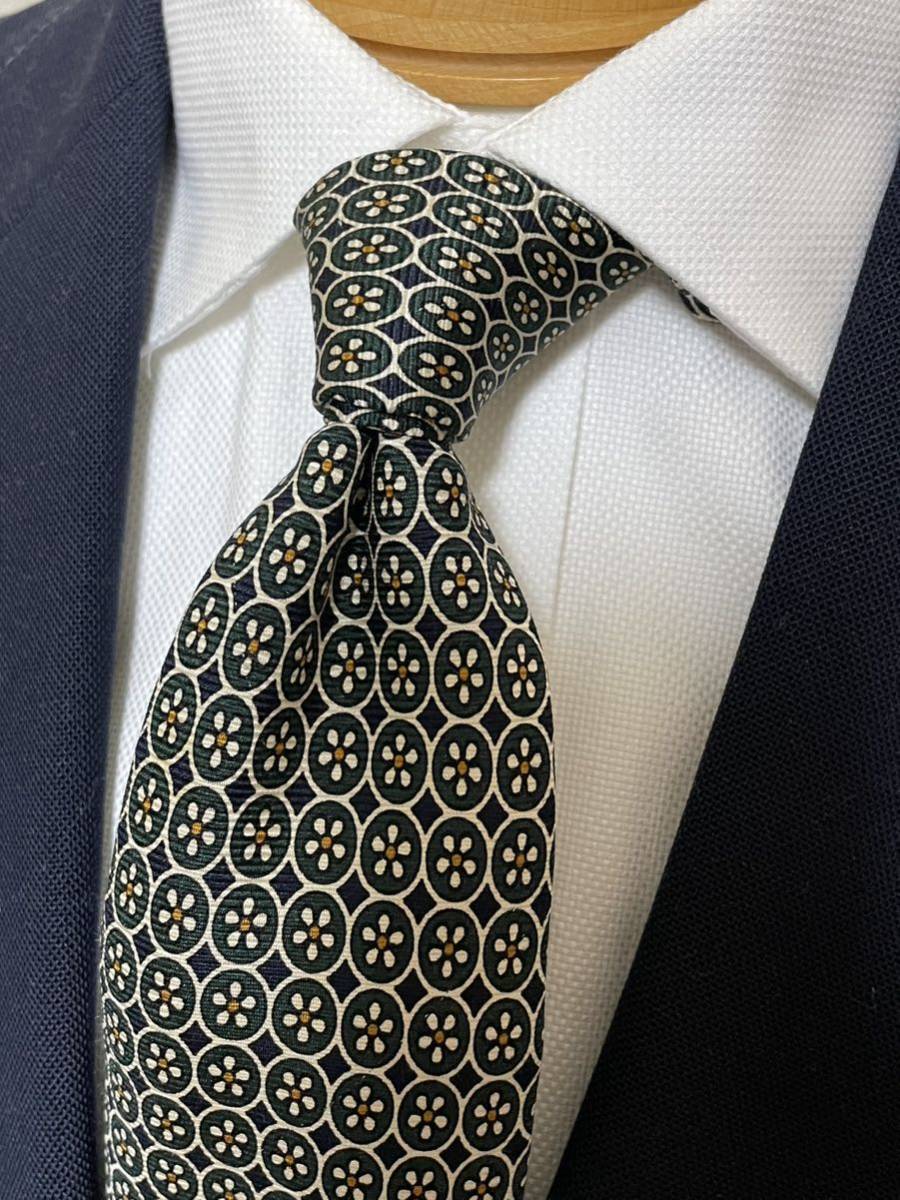 【美品】Eikokuya/英国屋 ネクタイ パターン柄 プリント グリーン基調 大剣約9.5cm イタリア製拍卖
