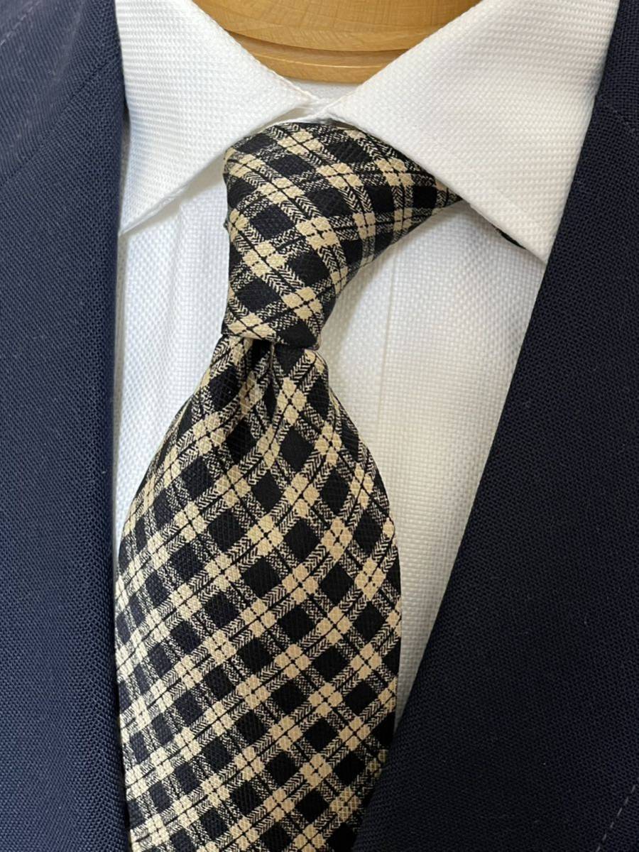 【美品】HOXTONヴィンテージネクタイ イタリア製生地日本製ネクタイ 大剣約10cm ブラック×ベージュ チェック柄拍卖
