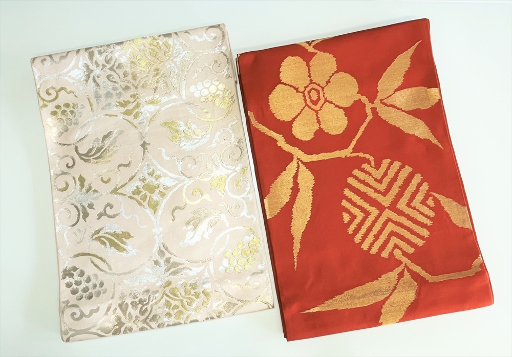 花とら●リサイクル帯 袋帯 まとめて2本 笹蔓唐草 葡萄唐草 使用可能 リメイク 素材 230521拍卖