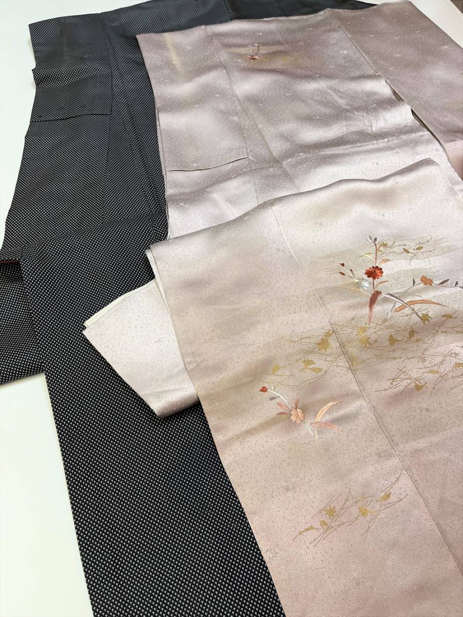 花とら●リサイクル着物 単衣 付下げ お召し 灰紫 紋綸子 蚊絣 リメイク 素材 細工用 230520拍卖