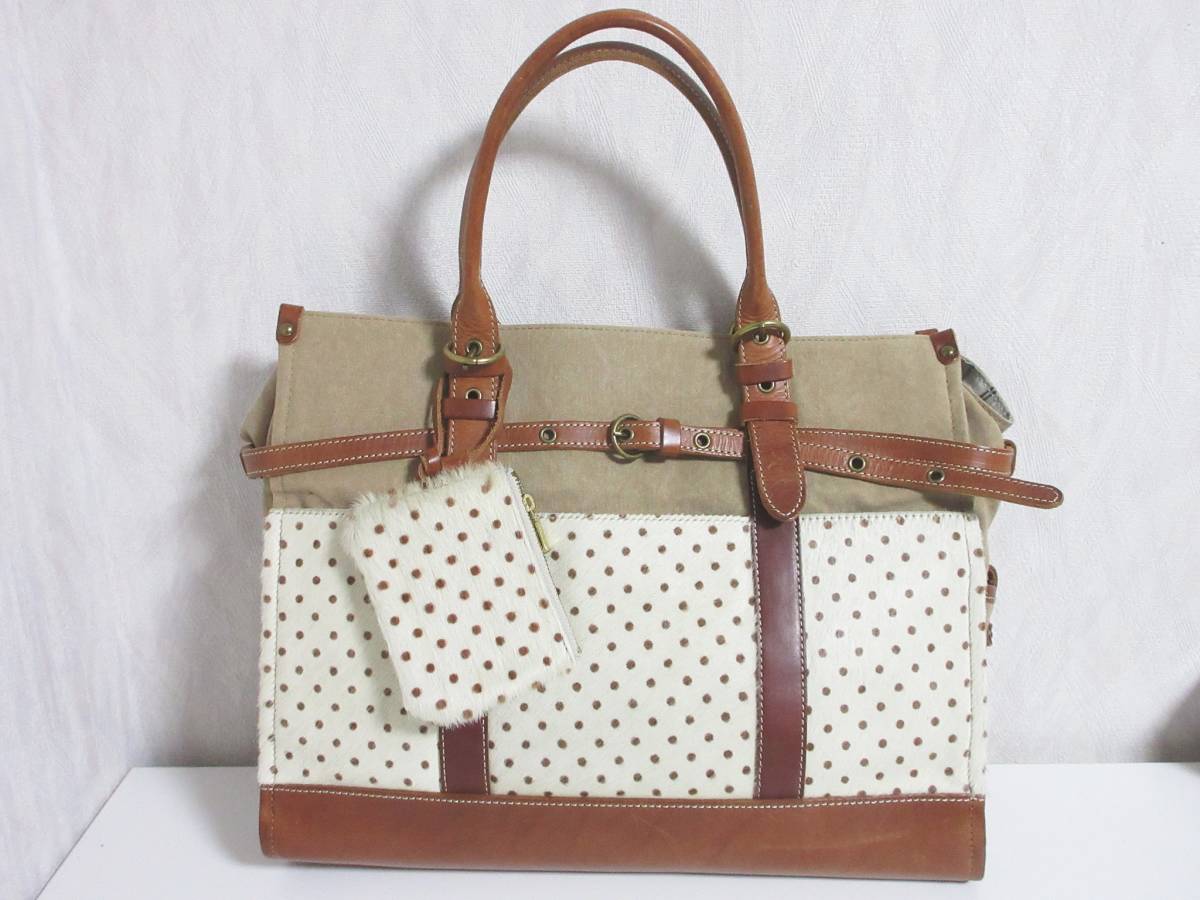 perche ペルケ トートバッグ ハラコ キャンバス ドット柄 茶 白 irmri hj809拍卖