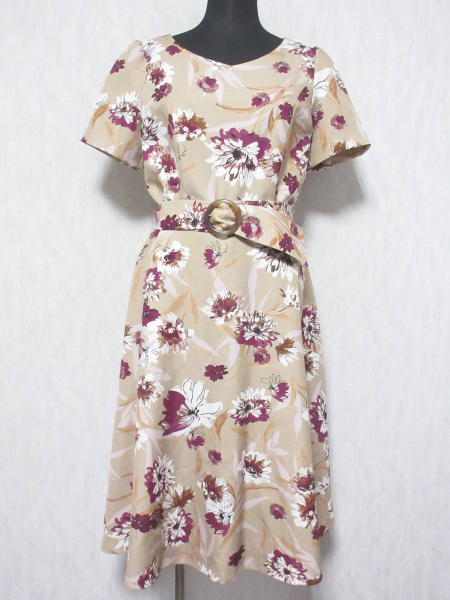 Debut de Fiore デビュードフィオレ ワンピース フレアスカート 花柄 半袖 38 夏 ベージュ系 irmri yg3882拍卖