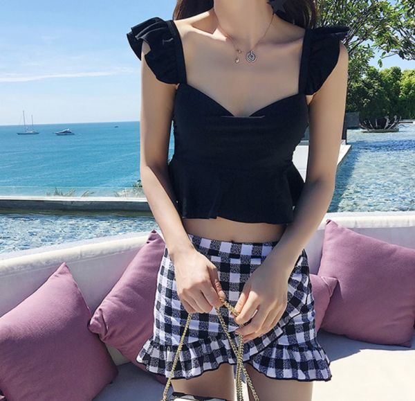 【イチオシ厳選商品】 レディース 水着 セパレート ミニスカート フリル チェック柄 c50拍卖