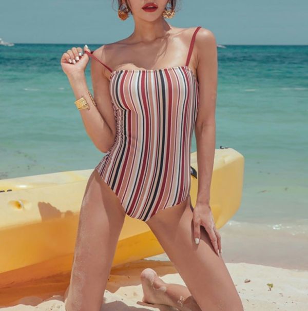【イチオシ厳選商品】 レディース 水着 ワンピース チューブトップ ハイウエスト ストライプ柄 c40拍卖