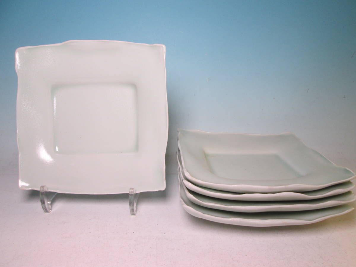 ☆お料理屋さんの器 現代陶芸 徹 作 青白磁 四方皿 五客 箱無 懐石/割烹/モダンアート拍卖