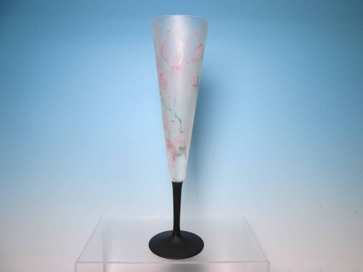 ☆ピンク花文のグラス 26,2cm フラワーベース拍卖