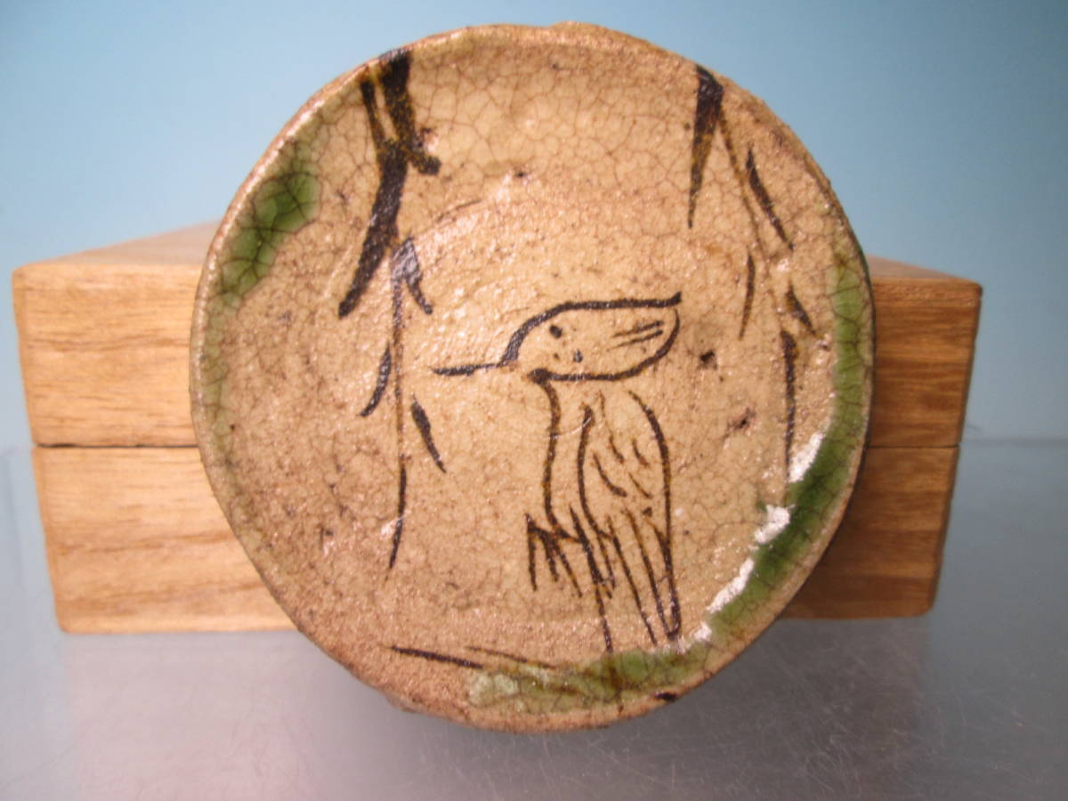 ☆古陶磁 時代 柳に鷺図 瀬戸豆皿 6,25cm 木箱付 小皿 骨董拍卖