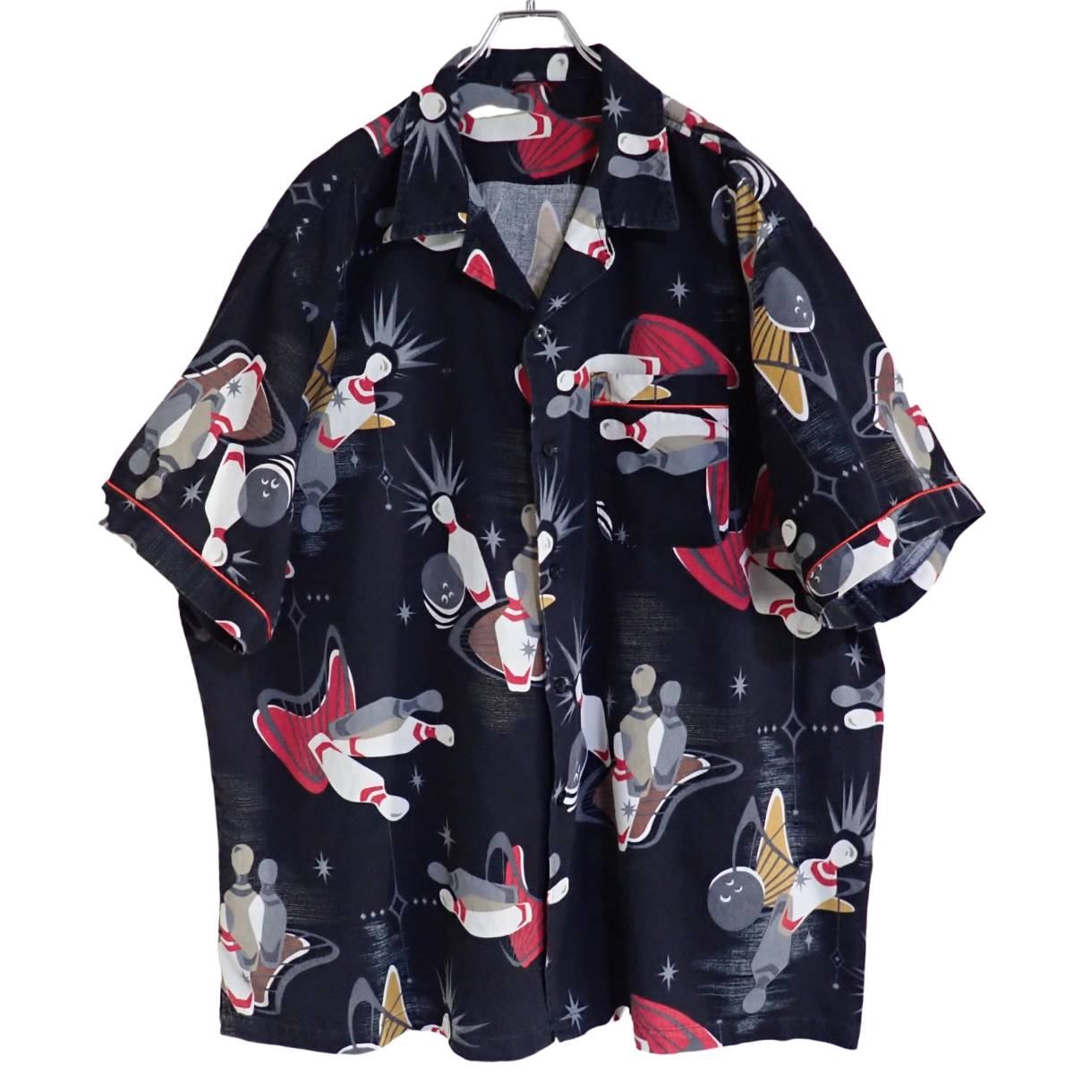 4586/Hilton(タグなし)ボーリングピン柄 半袖オープンシャツ●パレット柄 アトミック柄フィフティーズスタイル ロカビリー Rock'n'Roll古着拍卖