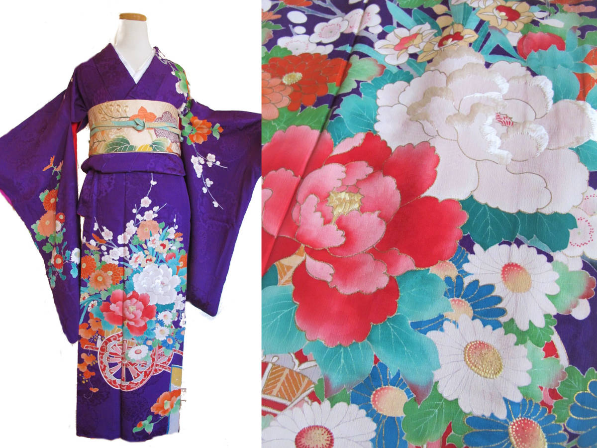 丈あり美品 紫紋錦紗 刺繍 アンティーク訪問着 花車 一つ紋拍卖