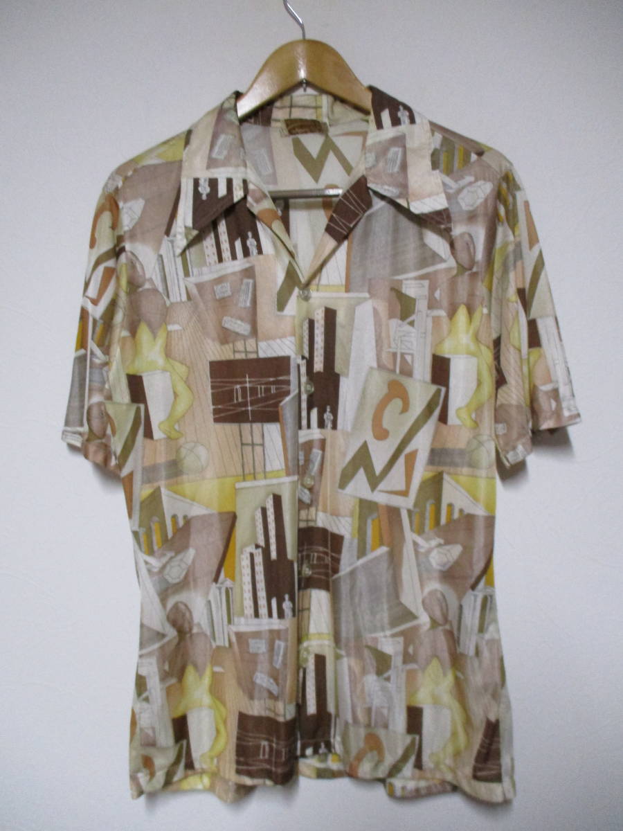 70's CaliforniaRoyal カリフォルニアロイアル オープンカラー アート 総柄 ナイロンシャツ Lサイズ 検ヴィンテージ拍卖