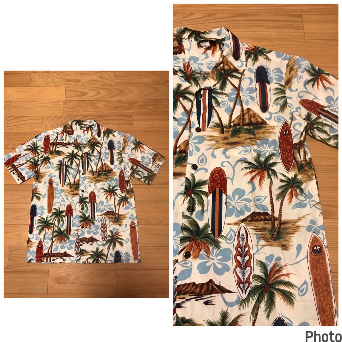 良品☆HAWAII.USA製/ALOHA PEPUBLIC サイズM大き目.日本L-XL並 半袖アロハシャツ・サーフボード&椰子の木.花.他総柄! ハワイアン 米国拍卖