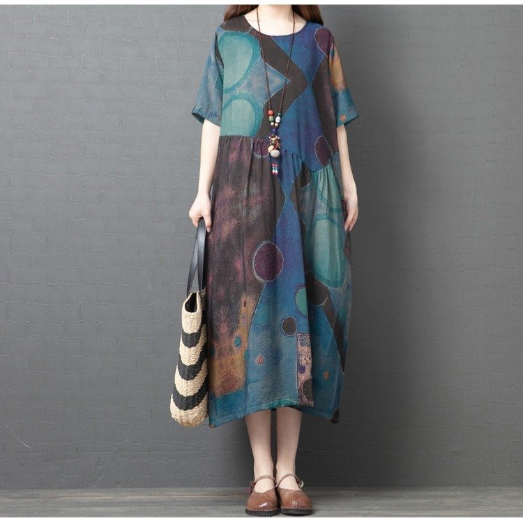 ZPT082★新品不思議なドット柄がとっても個性的 大きいサイズ 半そでコットン風素材とってもゆったりロング丈ワンピ ブルー拍卖