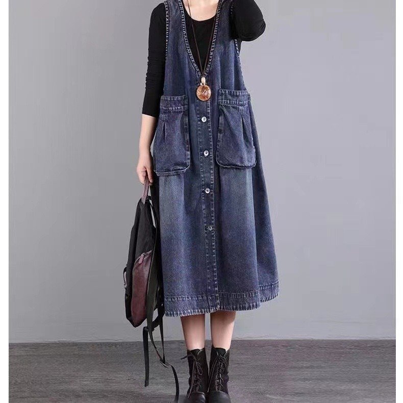 ZPT389☆新品レディース ロングワンピース デニムワンピ 春秋 ゆったり 大きいポケット ベストワンピース ノースリーブ 可愛い おしゃれ拍卖