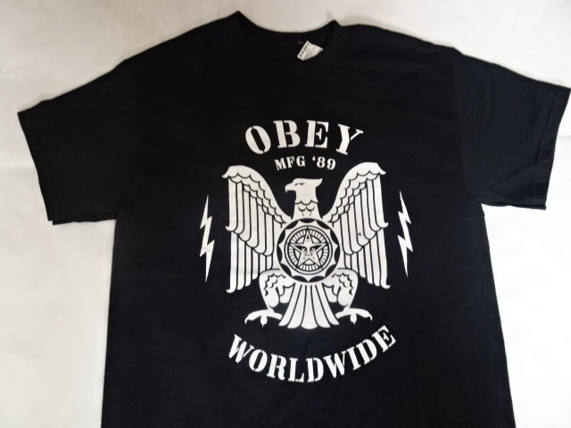 USA購入 人気ブランド 【OBEY】オベイ アメリカ国鳥 白頭鷲(ハクトウワシ) ロゴイラストプリント TシャツUS Sサイズ ブラック拍卖